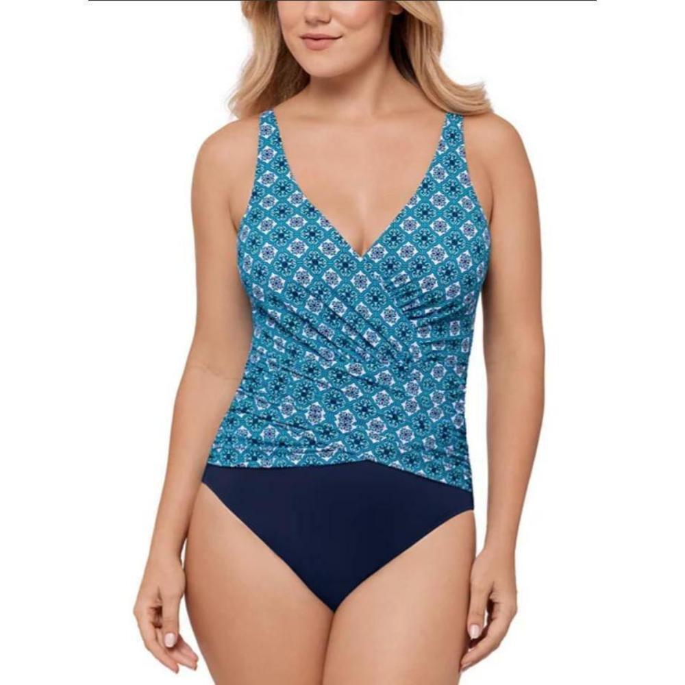 Swim Solutions Surplice Blue Tummy-Control One-Piece Swimsuit 8